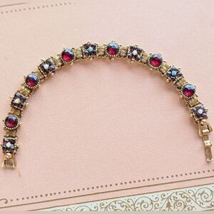 Vintage Victorian Revival Faux Pearl Garnet Turquoise Bracelet Gold Bookchain